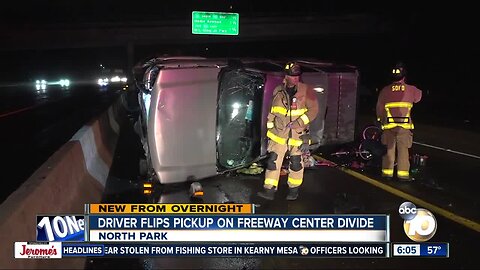 Driver runs away after crashing truck into center divider