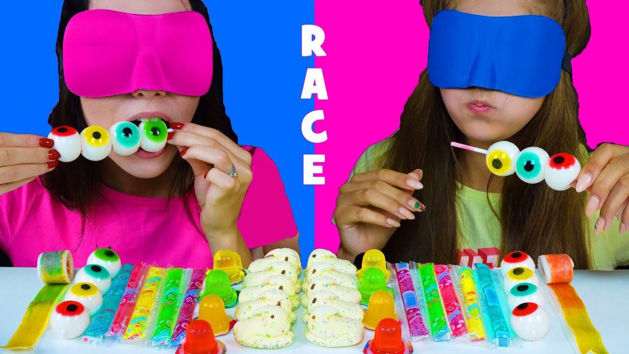 ASMR Candy Race with Closed Eyes (Gummy Eyeballs, Jelly Straws, Peeps Marshmallow)