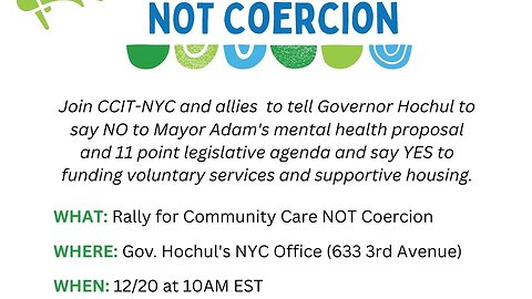 The #peersnotpolice Community Care Not Coercion Rally outside @GovKathyHochul nyc office 12/20/22