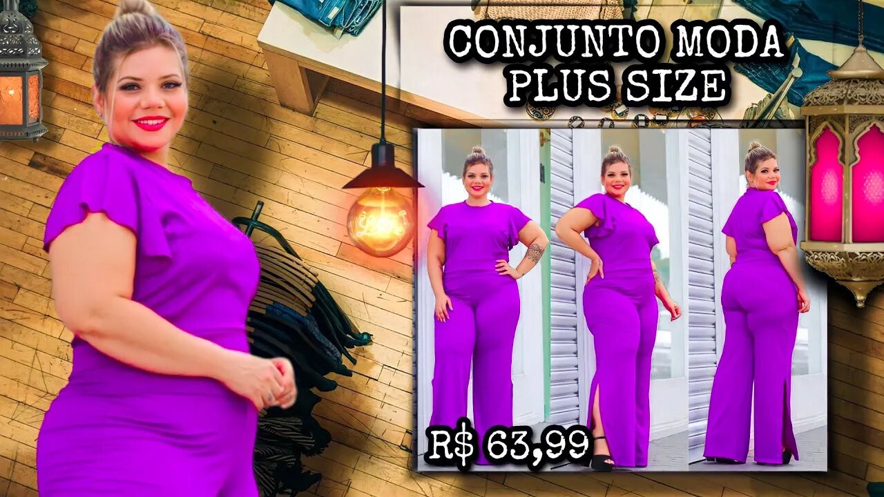 ✔️ CONJUNTO FEMININO PLUS SIZE BLUSA MANGA DRAPEADA CALÇA FLARE COM FENDA