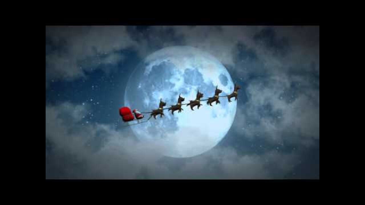 Christmas flying Santa sleigh reindeer's at night 4k