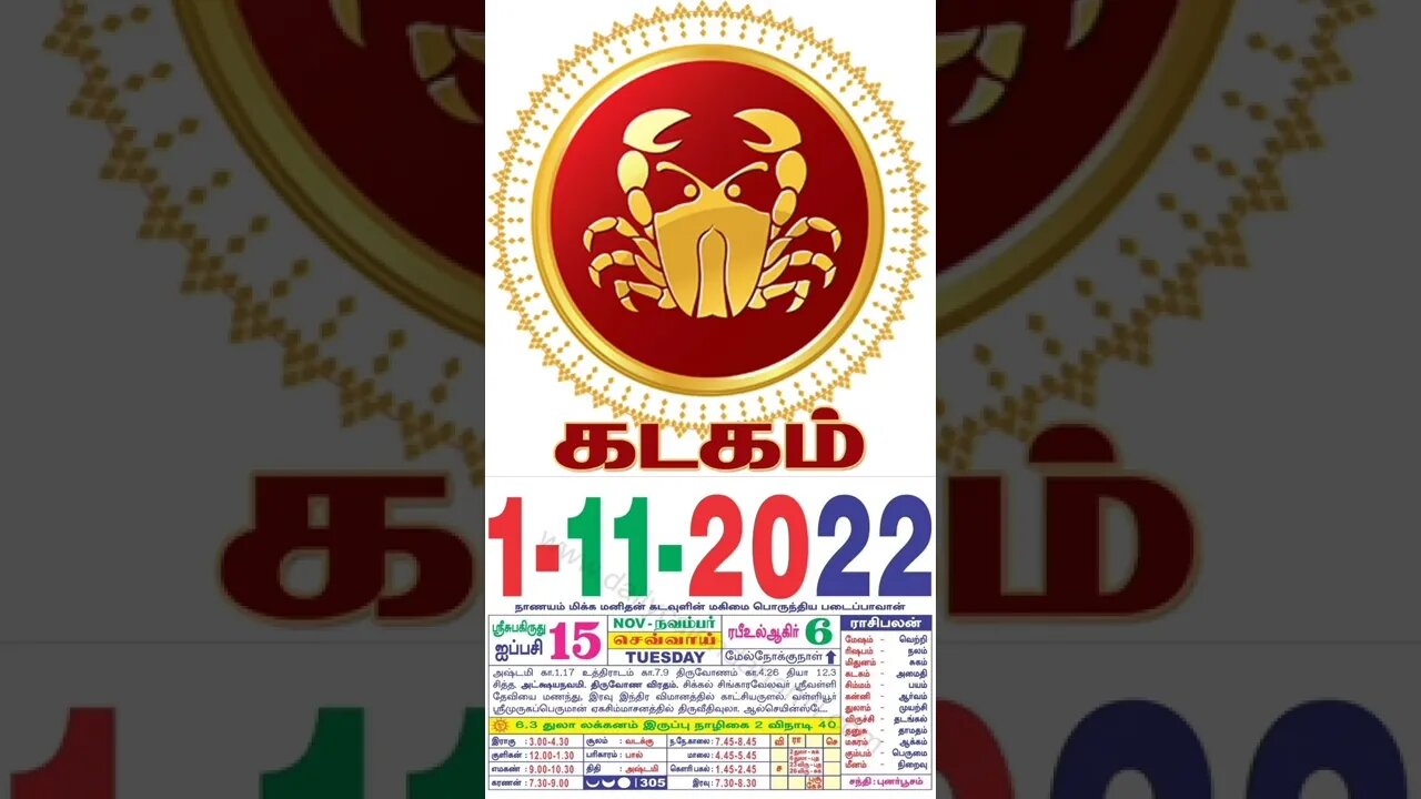 கடகம் || இன்றைய ராசிபலன் || 01|11|2022 || செவ்வாய்க்கிழமை||Today Rasi Palan | Daily Horoscope