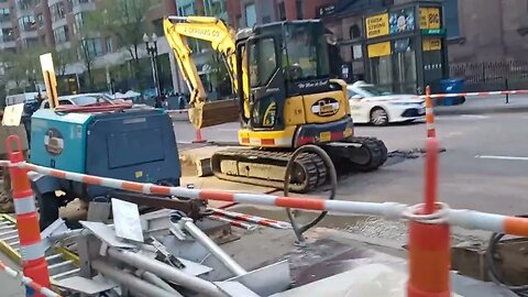 movie equipment staged along Boylston Street