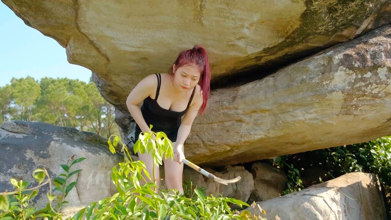 Solo Bushcraft - Shelter under a strange rock, Heavy rain suddenly came | wild forest life