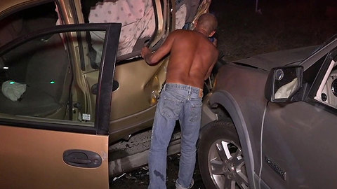 SUV hits parked van with man sleeping inside