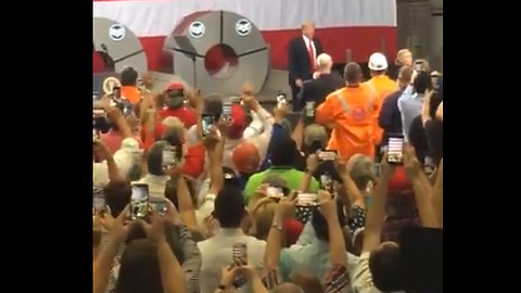 Crowd goes crazy as President Donald Trump enters the room at U.S. Steel