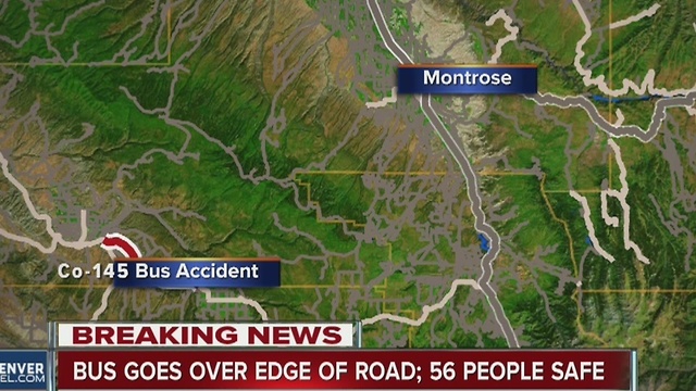 Telluride-bound tour bus goes over edge of road on Highway 145 in Montrose County