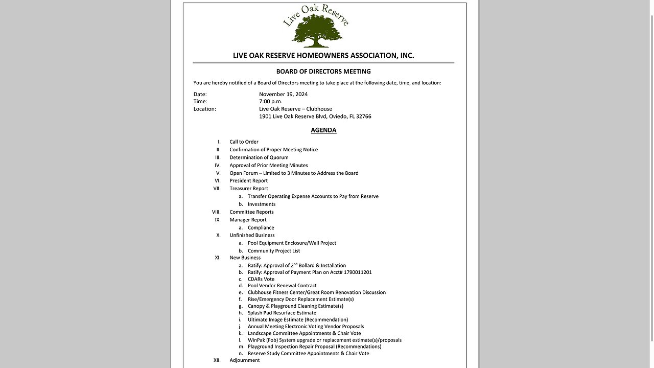 Live Oak Reserve HOA - Board of Directors Meeting 2024-11-19