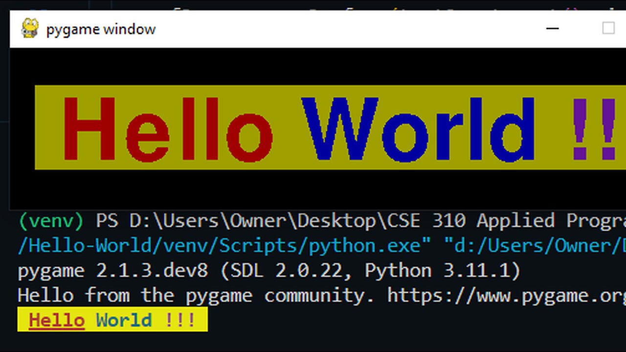 Hello World in Python with colorama & pygame Software Demo