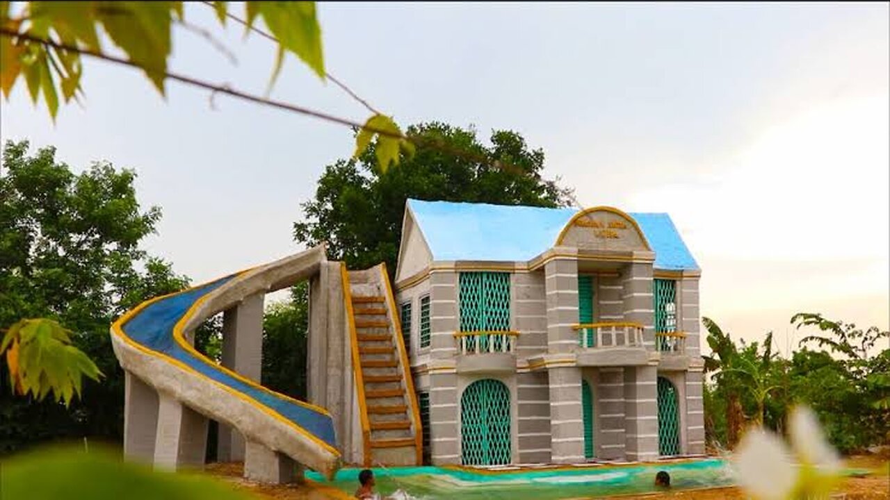 Spend 100 Days To Build The Most Pretty Two Story Villa House, Swimming Pool & Creative Water Slide