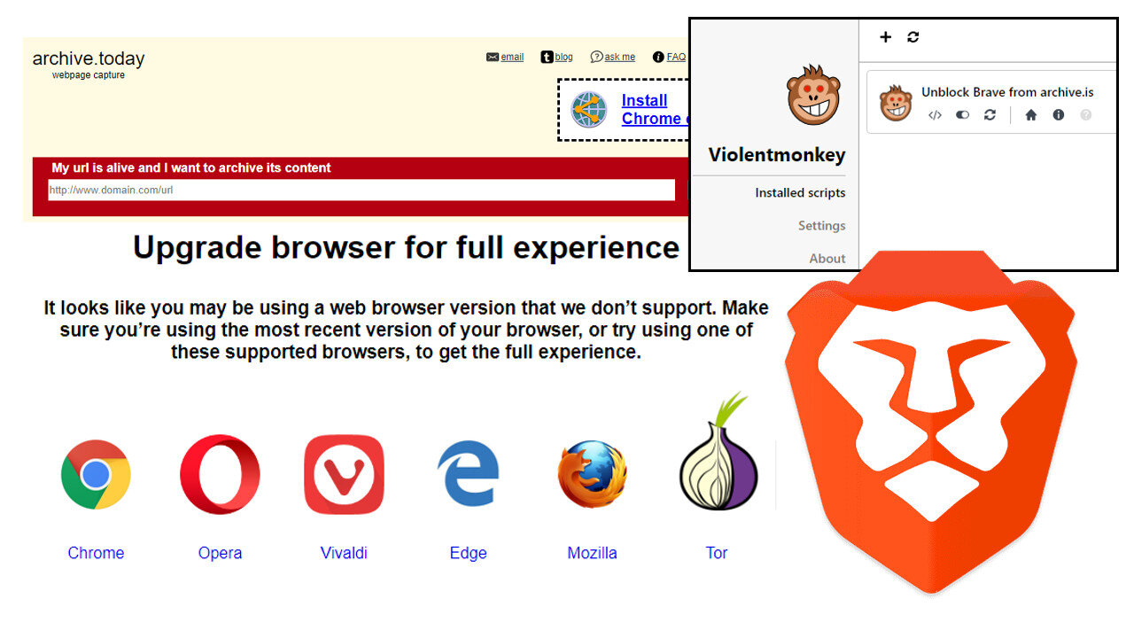 🔧Custom Browser User Scripts: Unblock Brave Browser from Archive.is