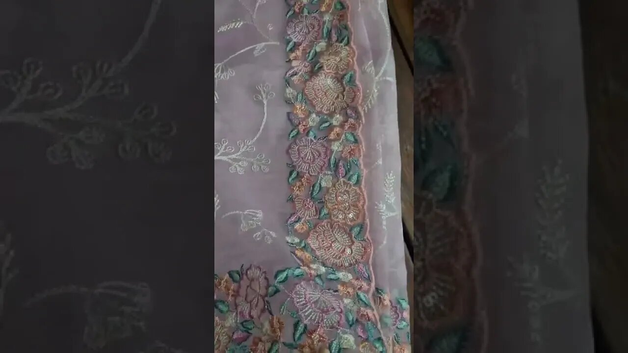 Pure Organza Silk Saree with Scalloped Border & Thread Embroidery Work
