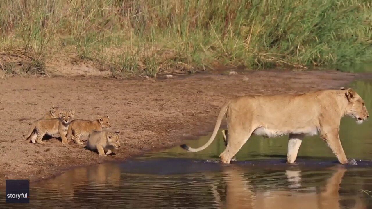 Lioness Leads Her Cubs Across Shallow Water In South Africa