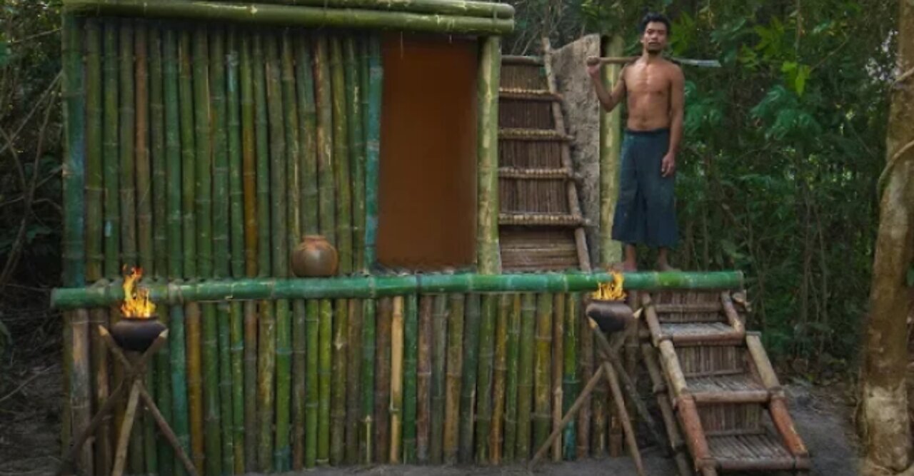 Build an Incredible Bamboo Mud Villa in Deep Jungle Without Tools by Jungle Survival.