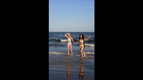 2 Beautiful Bikini Beach Girl running and playing on the beach #shorts