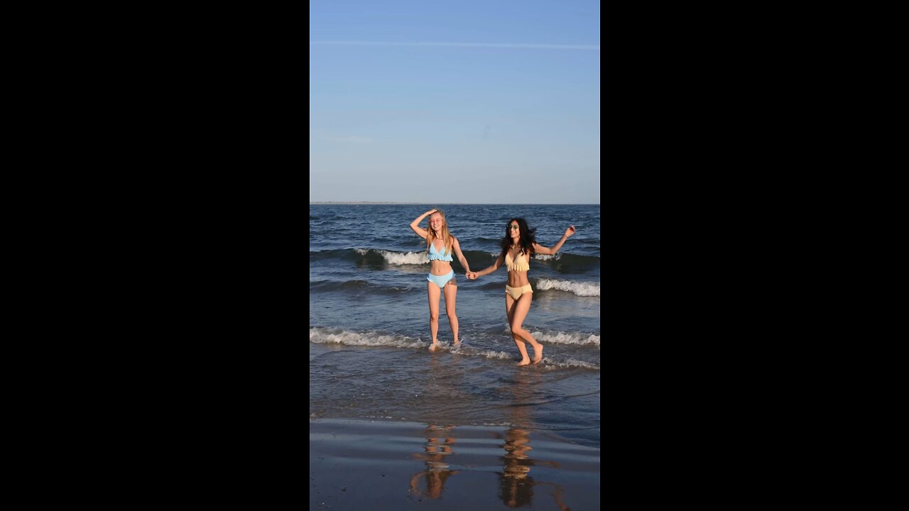 2 Beautiful Bikini Beach Girl running and playing on the beach #shorts