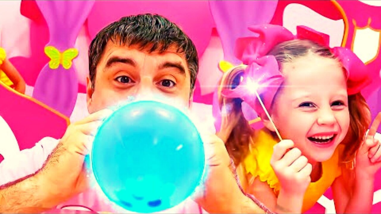 Nastya and Eva joke with dad and popping huge balls with surprises