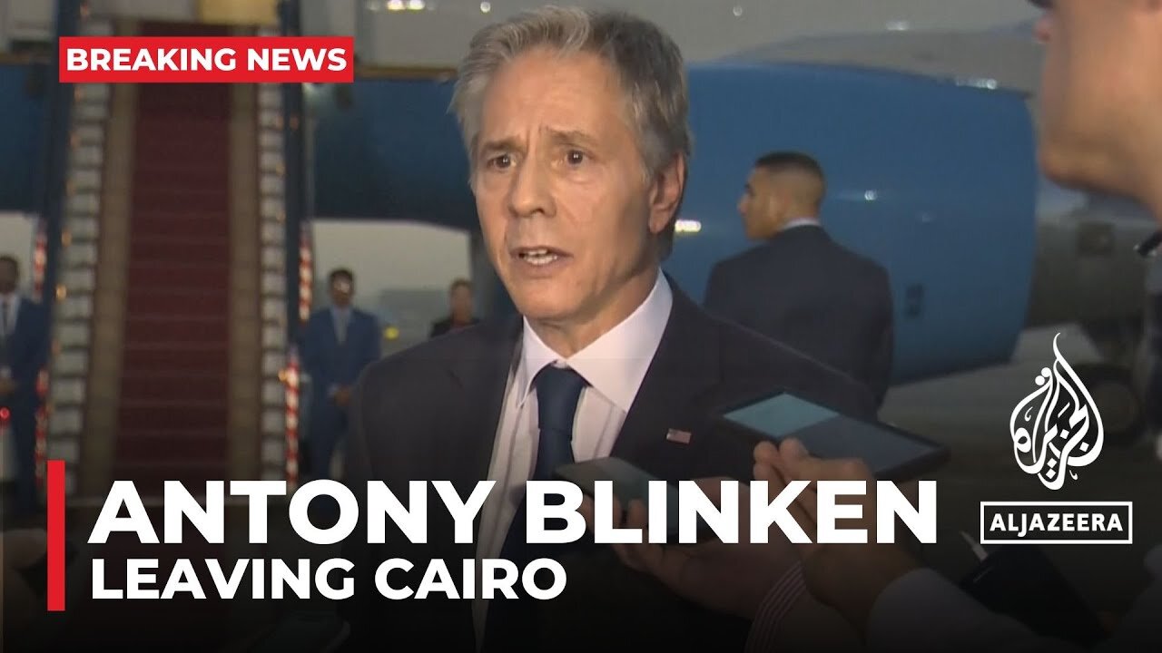 US Secretary of State Antony Blinken addresses the press at Cairo airport as he departs