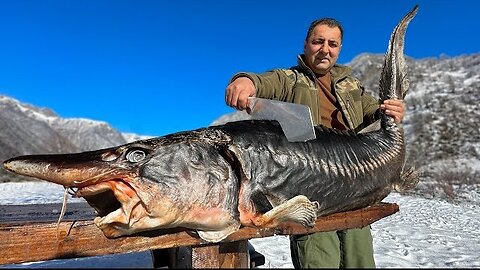 A Giant Sturgeon Roasted Under A Barrel In A Bonfire Dinner In Snowy Village A