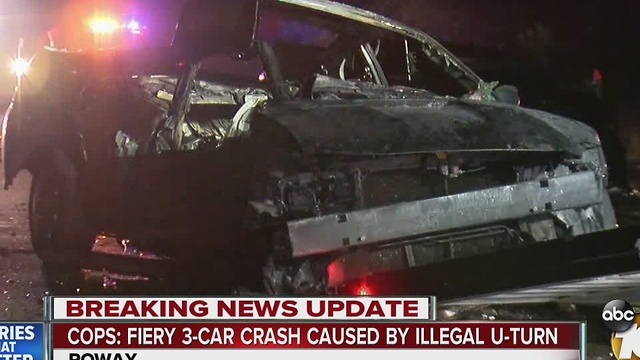 Cops: fiery three-car crash caused by illegal u-turn