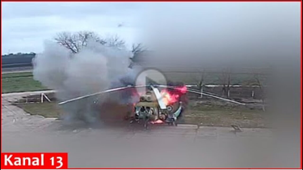 The moment military helicopter is shot down with a drone in Moldova - Helicopter explodes and burns