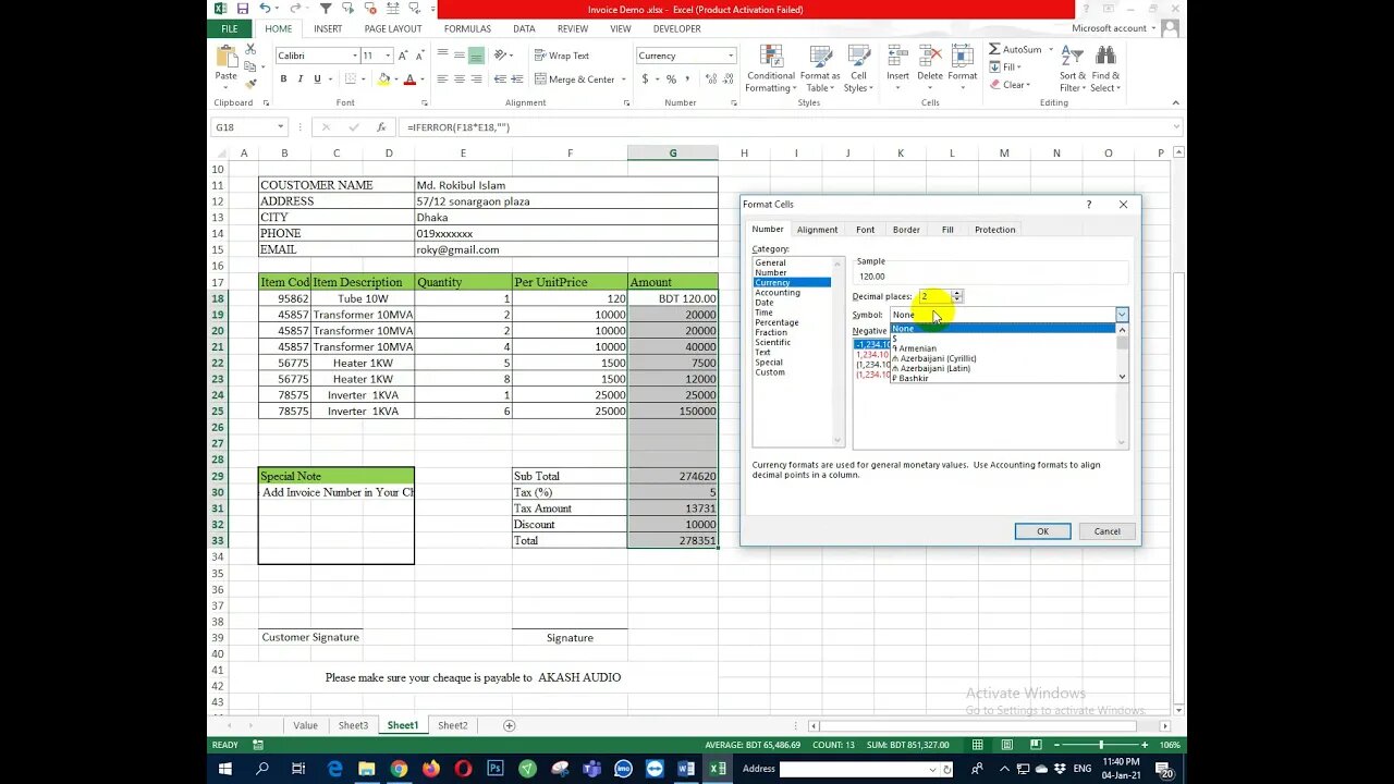 How to Create Invoice Bill in Excel in 10 minute