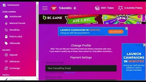 Auto Faucet TokenMix saque para Coin base facetPay e para Binance