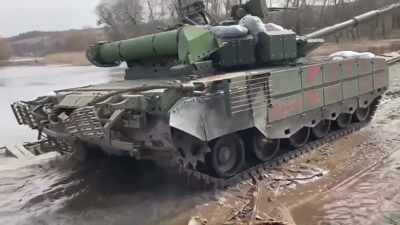 Movement Of Military Equipment On A Pontoon Crossing Of Severskii Donets River In Ukraine!