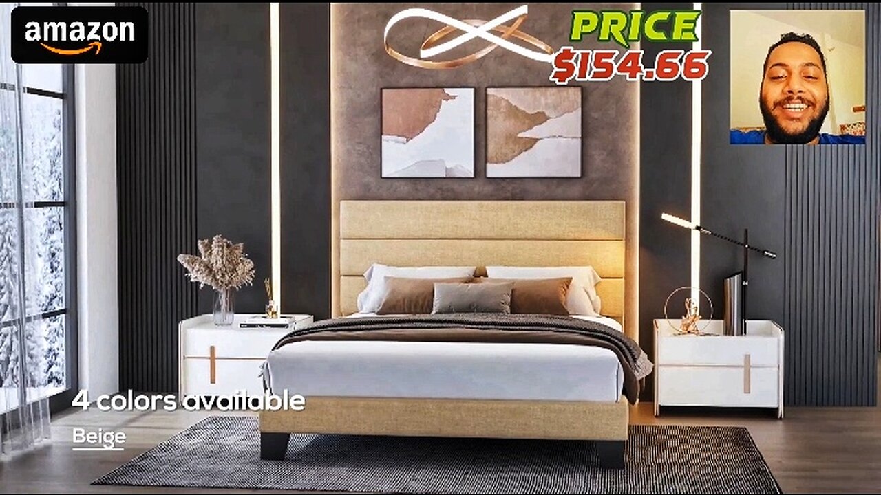 WEEWAY King Bed Frame Platform Bed with Linen Fabric.
