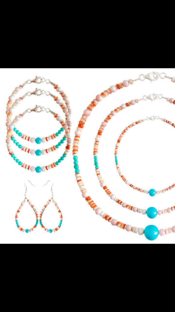 Natural turquoise pink shell with orange spiny oyster Multi Stone Beaded jewelry set Unique Gifts 05