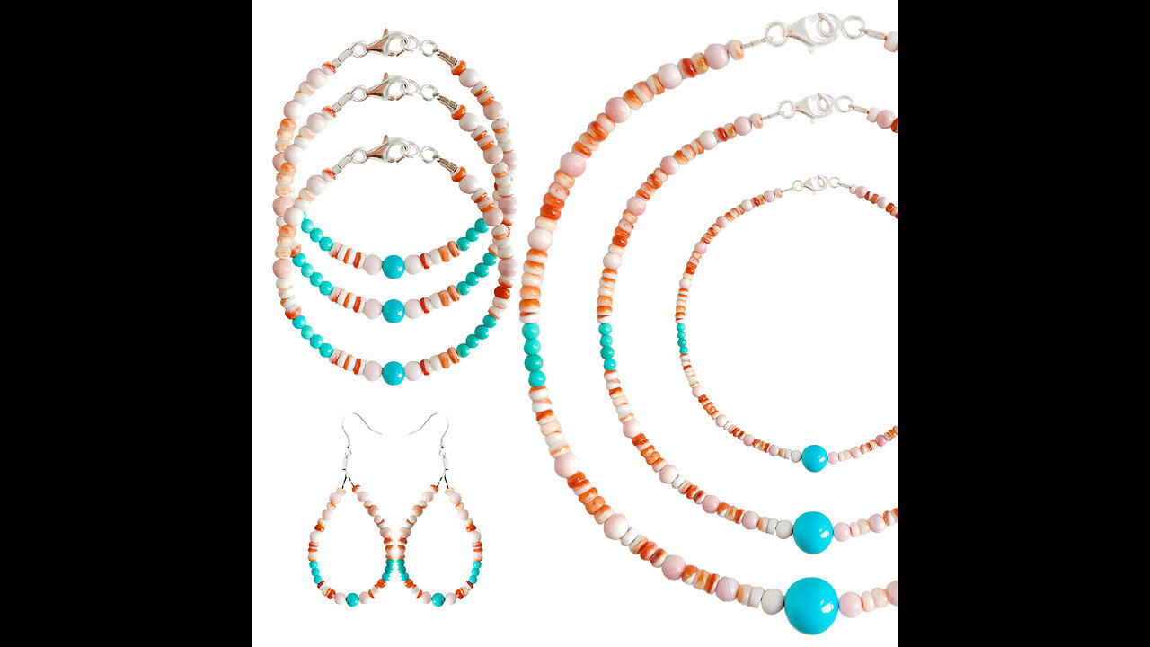 Natural turquoise pink shell with orange spiny oyster Multi Stone Beaded jewelry set Unique Gifts 05