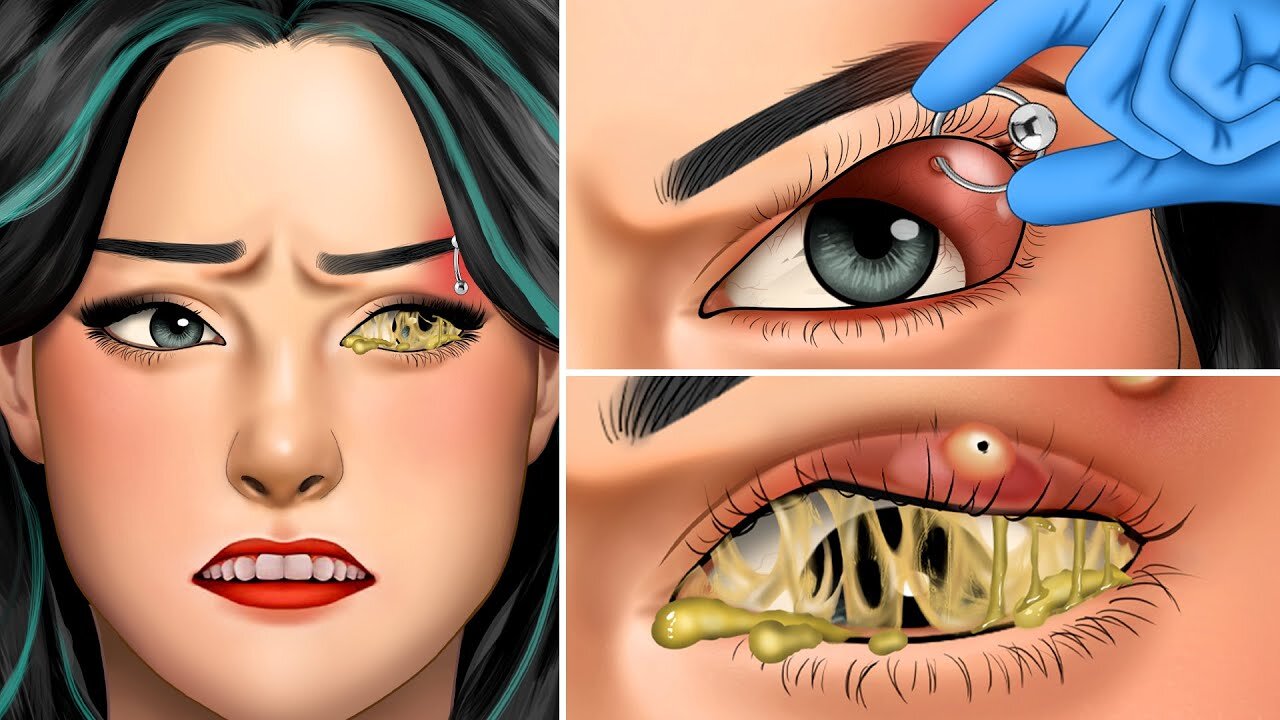 ASMR Remove unmanaged eyebrow piercing pus animation | Squeeze eyes acne