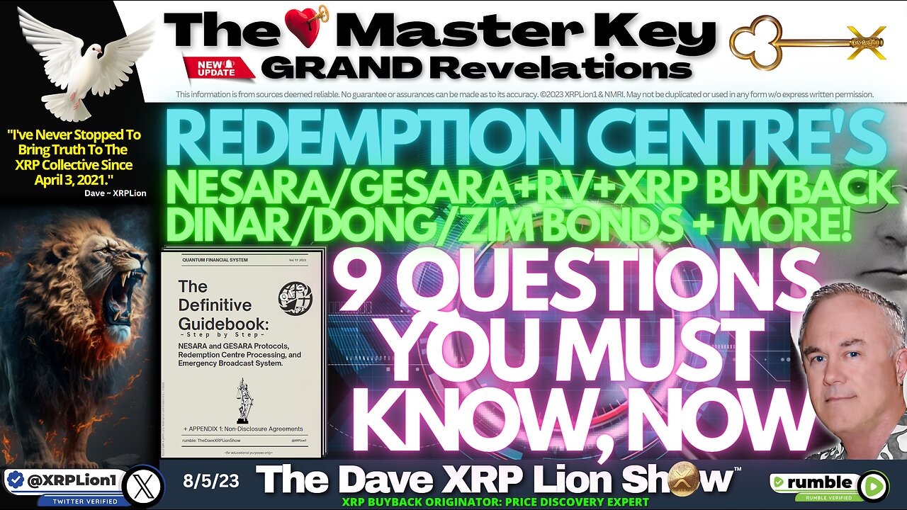 NEW DAVE XRP LION - GETTING THRU REDEMPTION CENTRE -AUG '23; 9 Q'S MUST KNOW (MUST WATCH) TRUMP NEWS