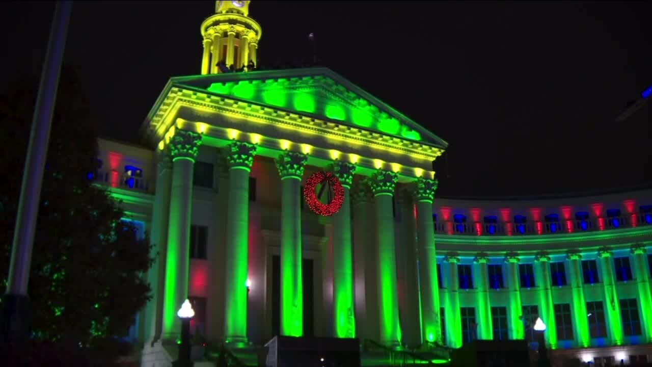 Denver City and County Building lit up to start the holiday season