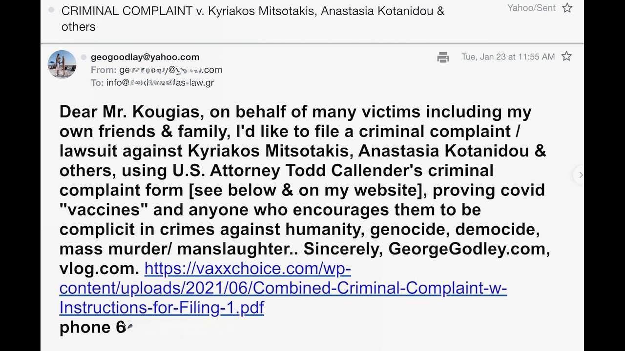 💉☠️ CRIMINAL COMPLAINT Kyriakos Mitsotakis Anastasia Kotanidou tue23jan2024 GeorgeGodley.com