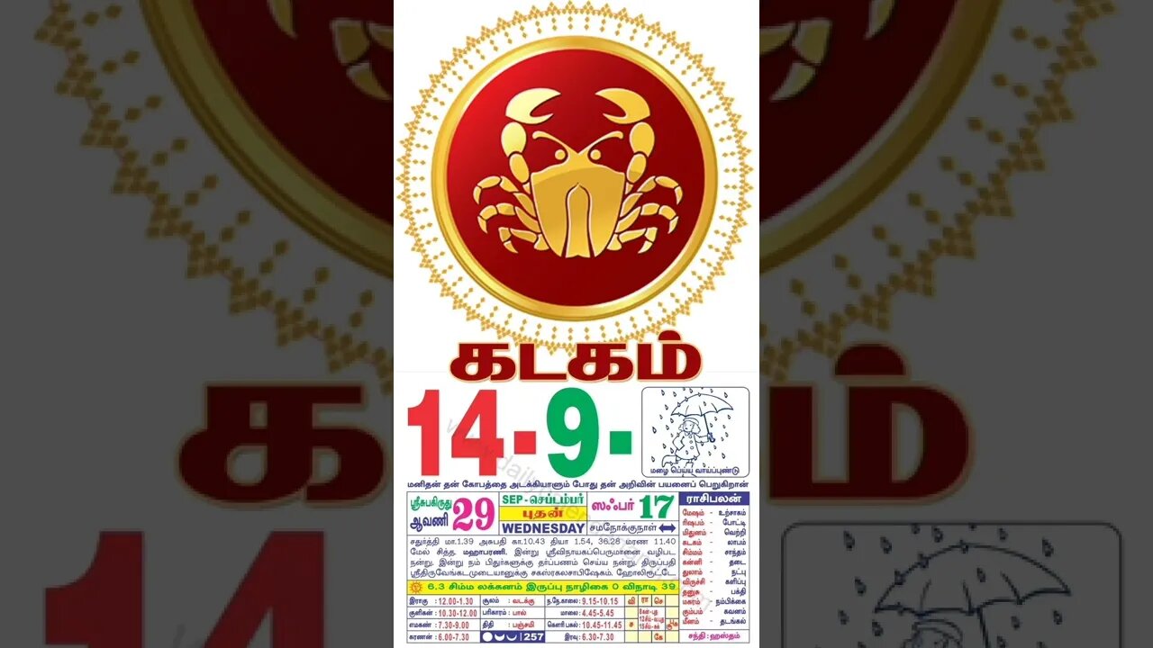 கடகம் || இன்றைய ராசிபலன் || 14|09|2022 புதன்கிழமை