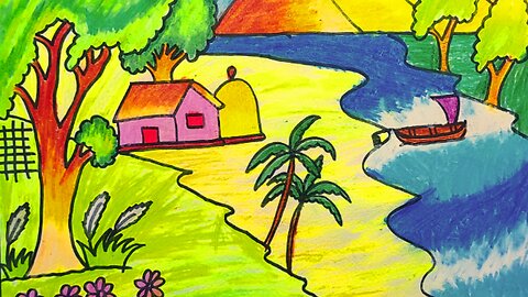 How to draw village, house, river, boat, mountain , tree | Scenery drawing tutorial