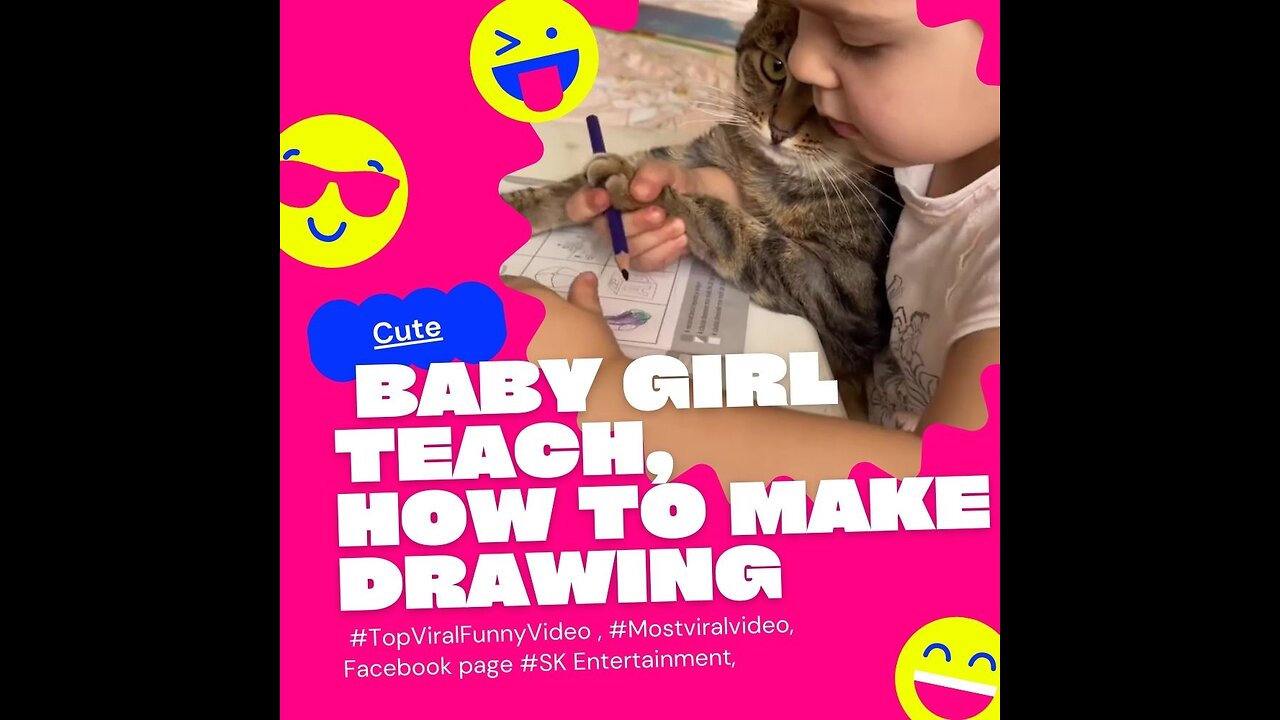 Cute Baby Girl teach her Cat how to make Drawing