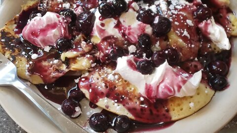 Blueberry Pancakes & Strawberry Pancakes with Scrambled Eggs.