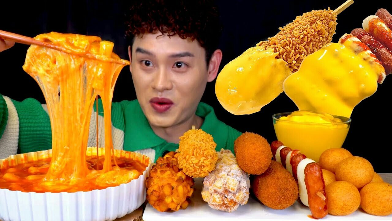 Cheese Tteokbokki with Crispy Corn Dog🧀 Ball MukBang~!! #bonggil #eating #food #foodchallenge