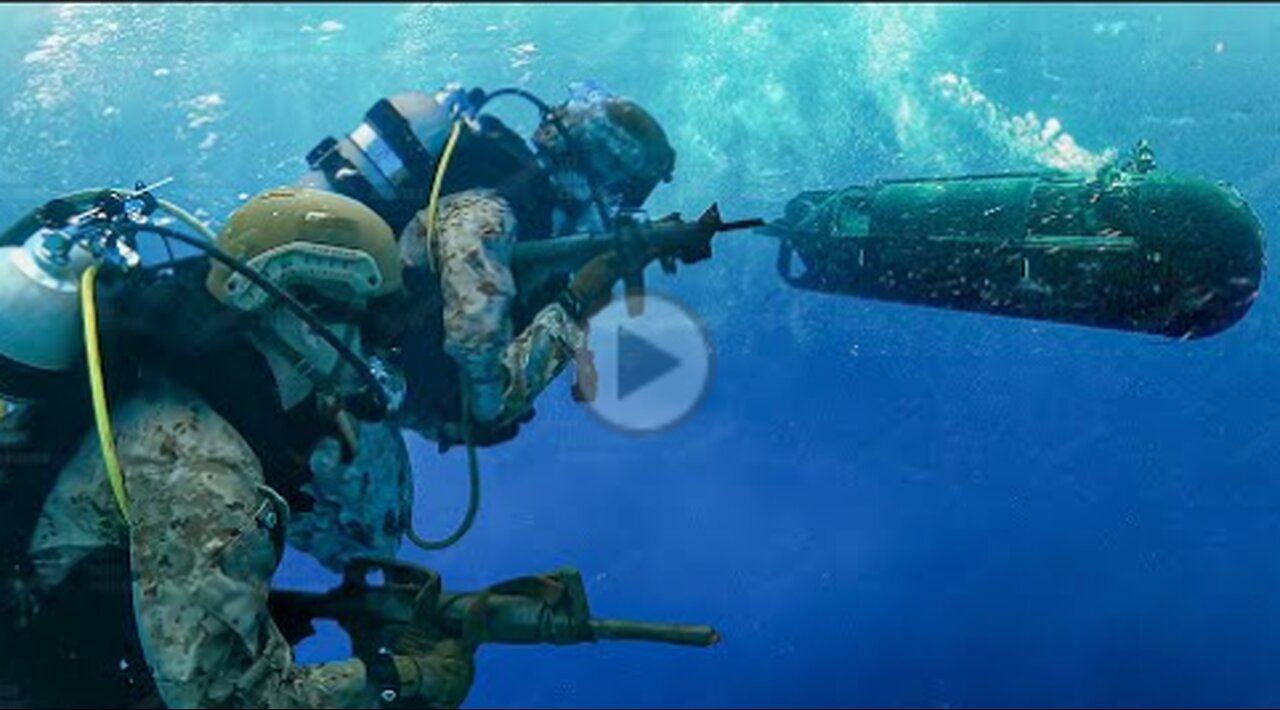 Skilled US Combat Divers in Action During Silent Underwater Assault Training Mission