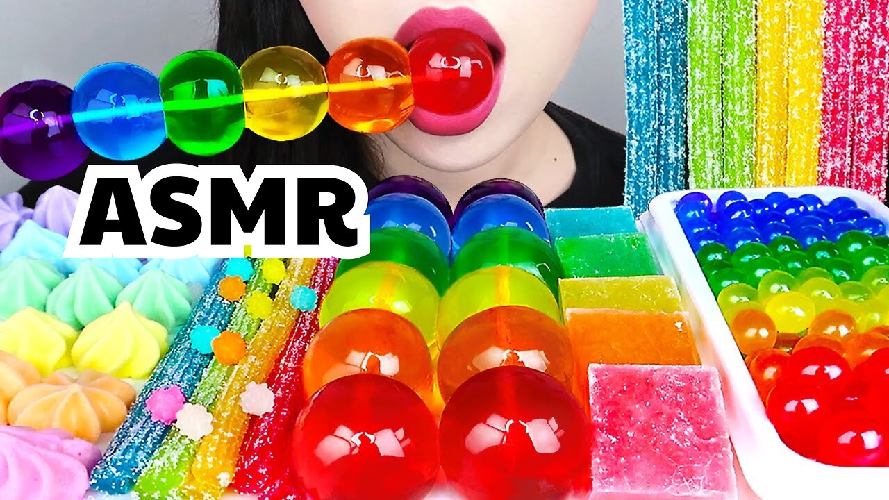 ASMR Rainbow Dessert Popping Boba, Gummy Mukbang, don't talk, eat