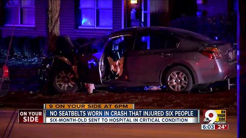 Six in car crash weren't wearing seat belts, police say