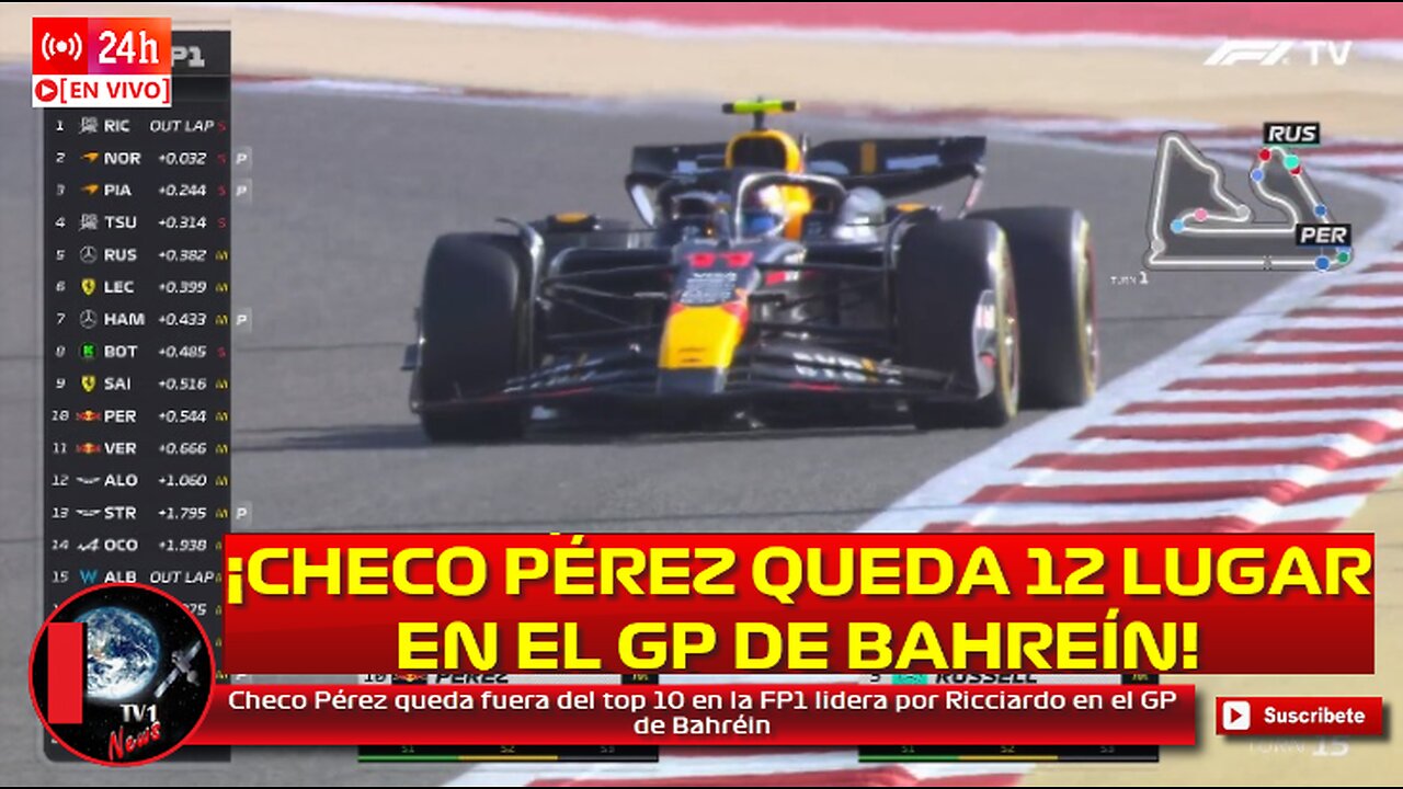 Checo Pérez queda fuera del top 10 en la FP1 lidera por Daniel Ricciardo en el GP de Bahréin