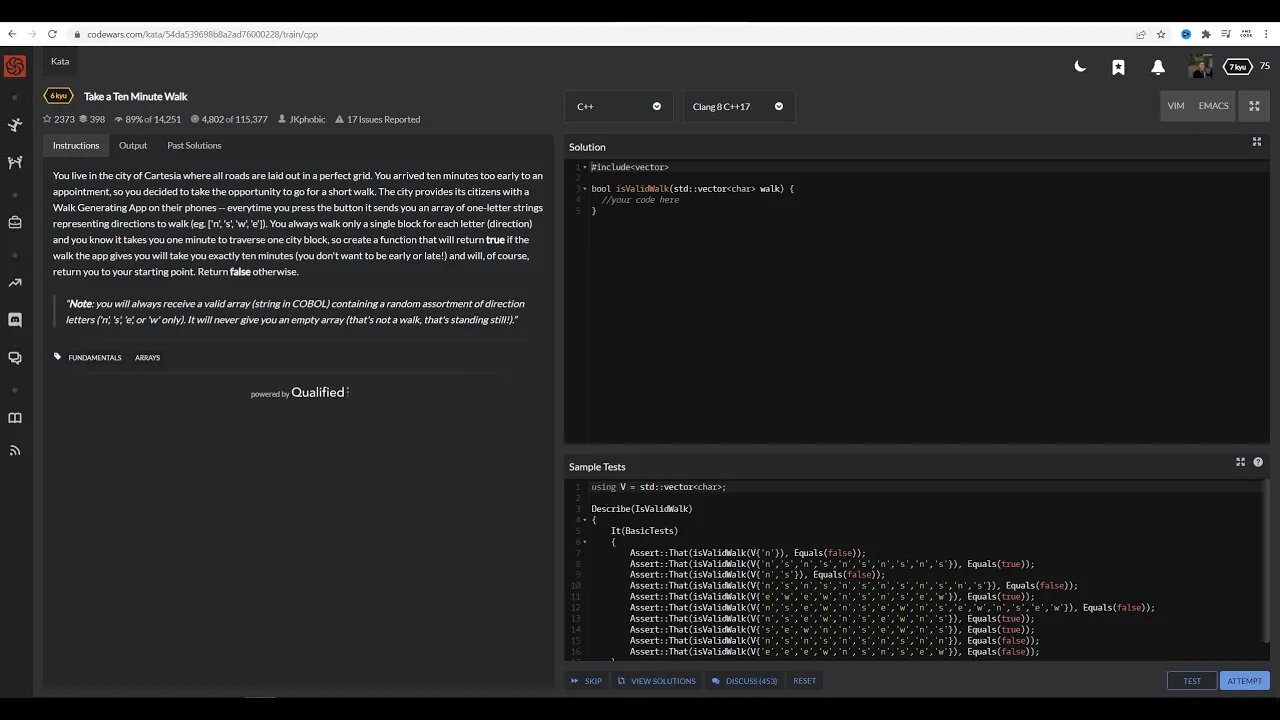 Codewars Challenges - (Is a number prime, Take a Ten Minute Walk) - C++