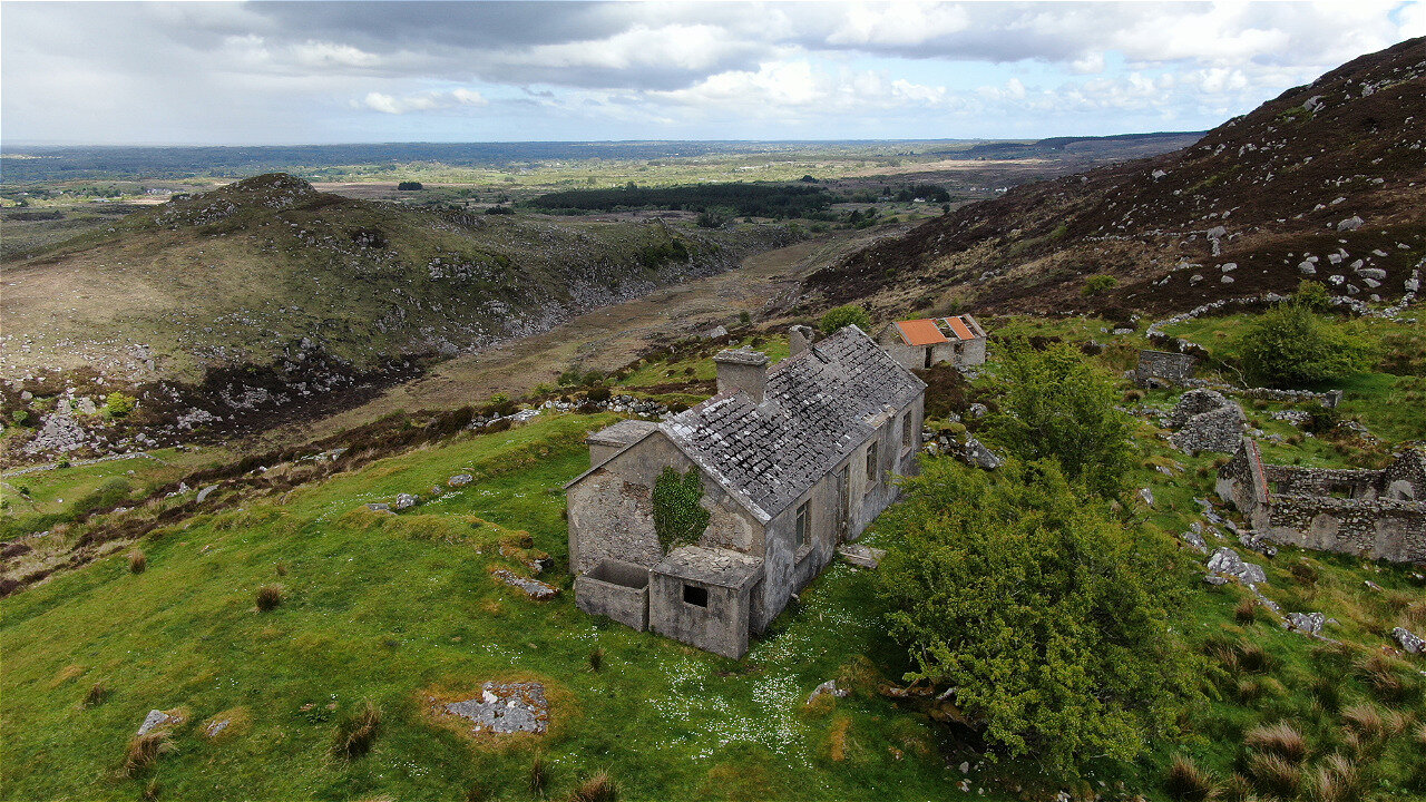 Drone footage of abandoned houses in the Ox Mountains, Ireland