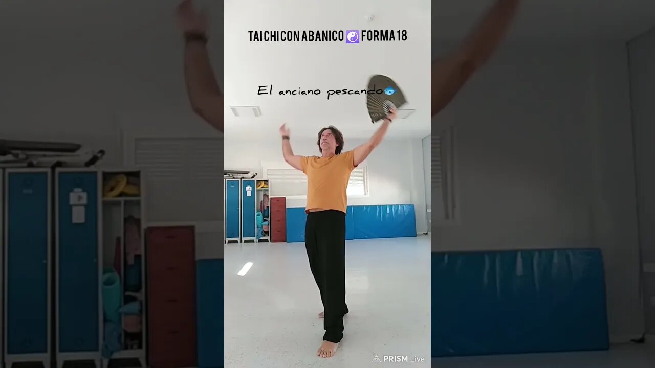 Tai chi con abanico, forma 18. Echar leña al fuego, anciano pescando, postura de Ma bu y cerrar.