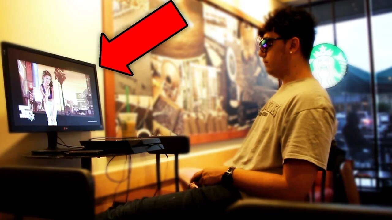 PLAYING GTA 5 IN STARBUCKS! (MANAGER CALLS COPS ALMOST ARRESTED)