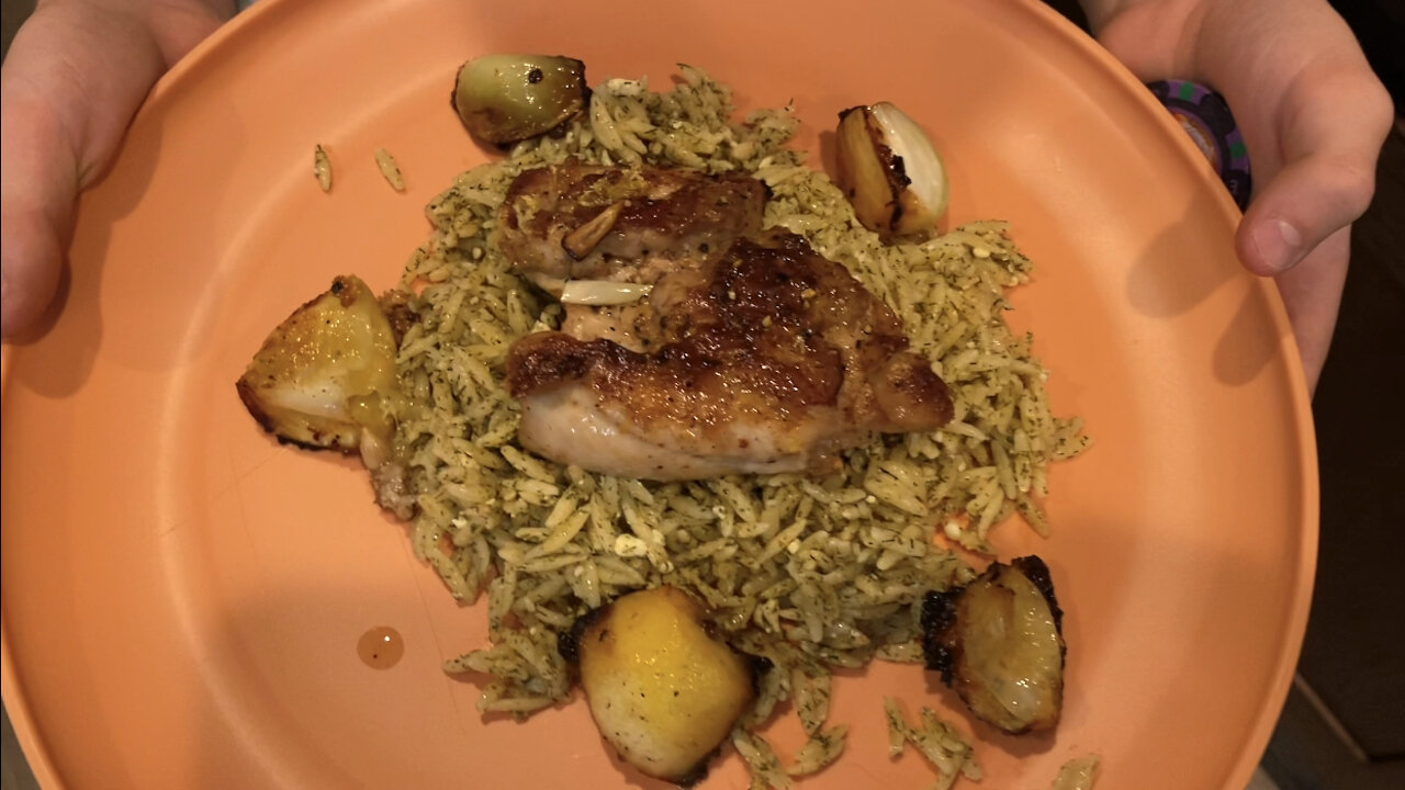 Lemon chicken with feta orzo