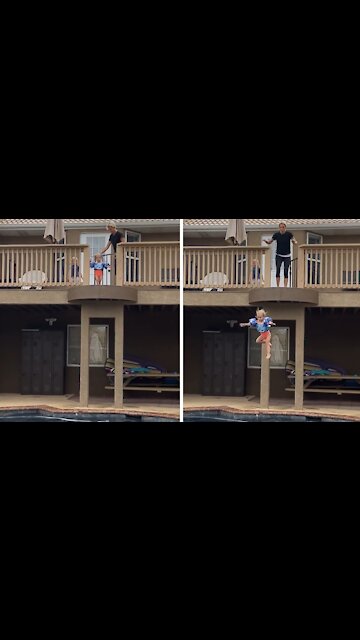 Fearless Toddler Jumps From Impressive Height Into Pool